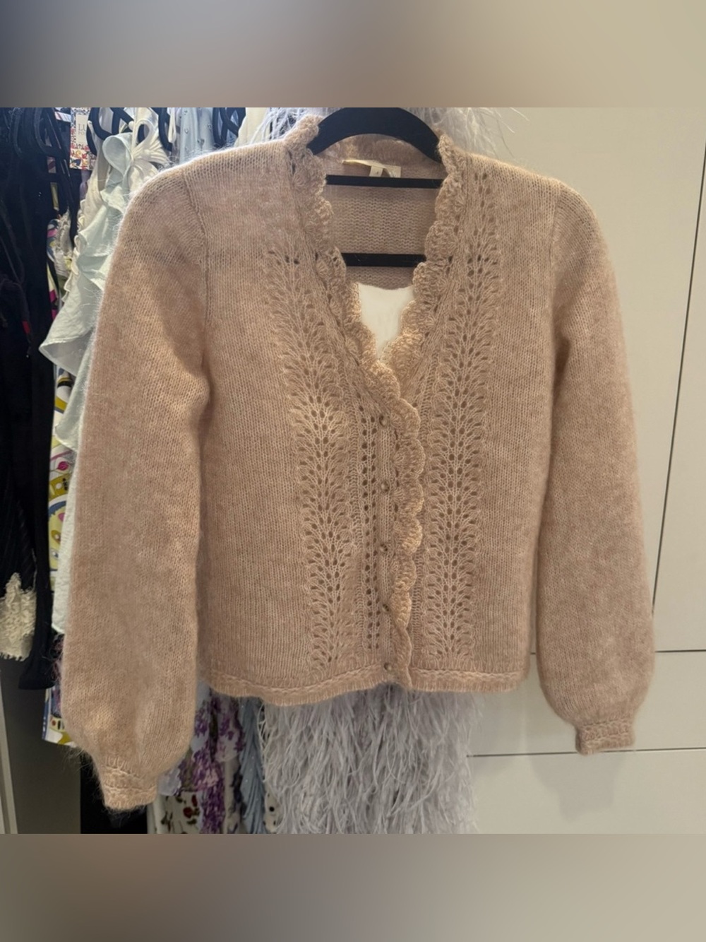 Sezane Angelie Beige Wool Cardigan with Scalloped Edges S